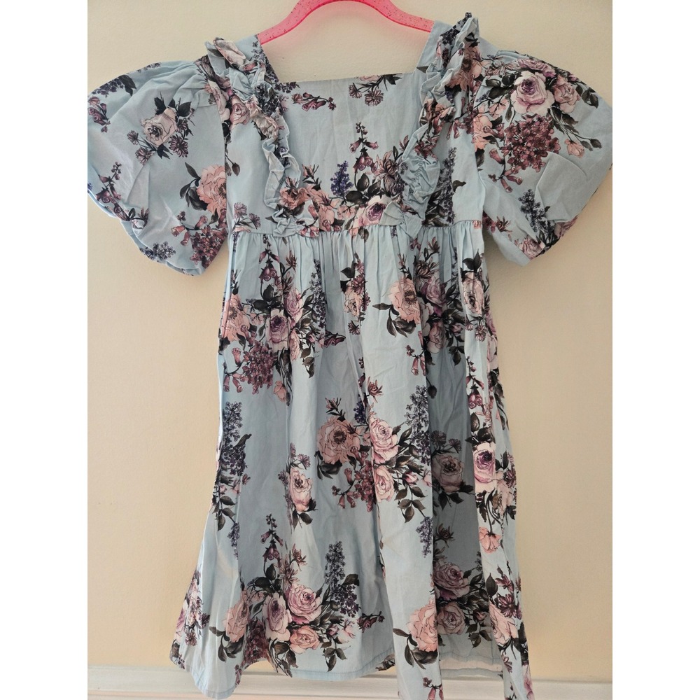 Next Kids Blue Floral Cotton Ruffle Puff Sleeve Dress Size 6-7 Years 122cm